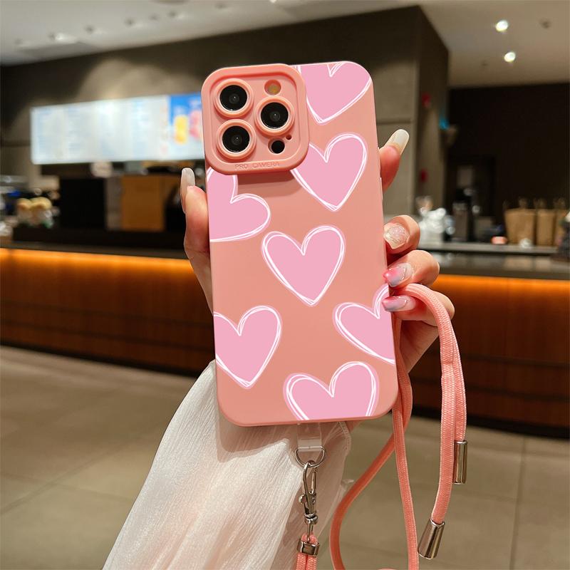 Full Screen Love Heart Lanyard Strap Phone Case For iPhone 15 14 13 12 11 Pro Max X XS XR 7 8 Plus SE  Silicone Soft Cover