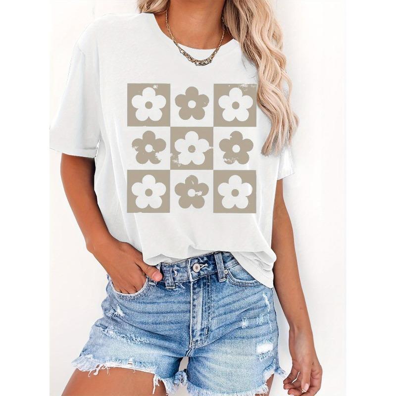 Women s Retro Style Floral Pattern Short Sleeve Round Neck Casual T-Shirt S