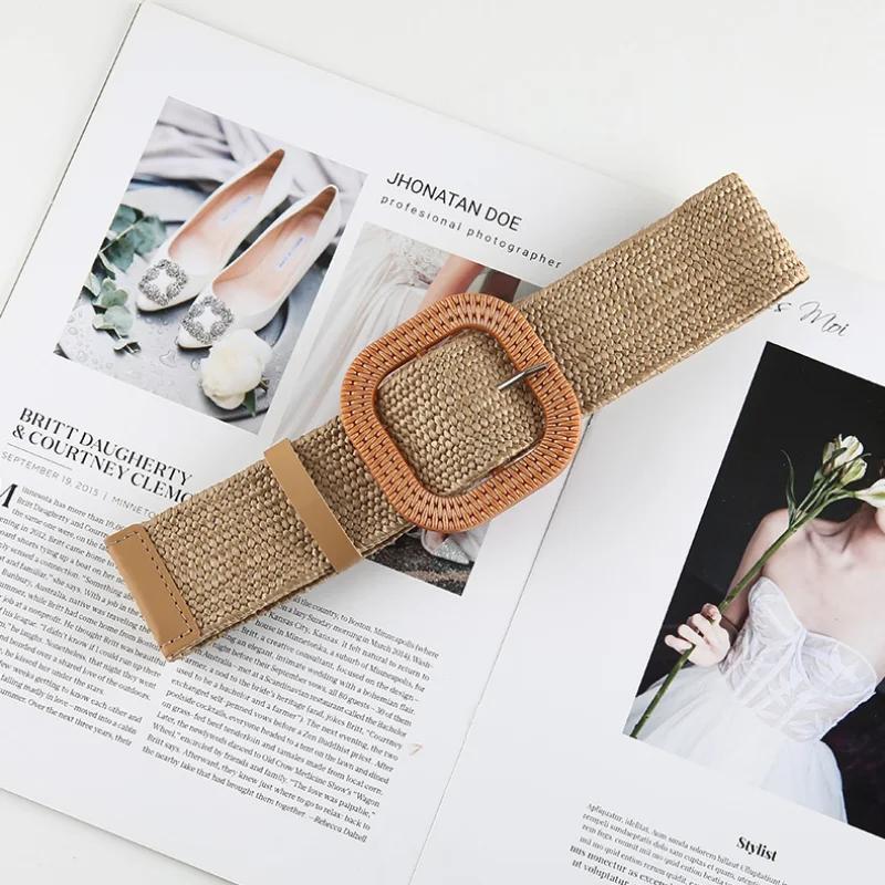 Korean Fashion Women Grass-like Belts Woven Wide Simple Round Button Belts Cotton Linen Elastic Woven High Elastic Dress Belts