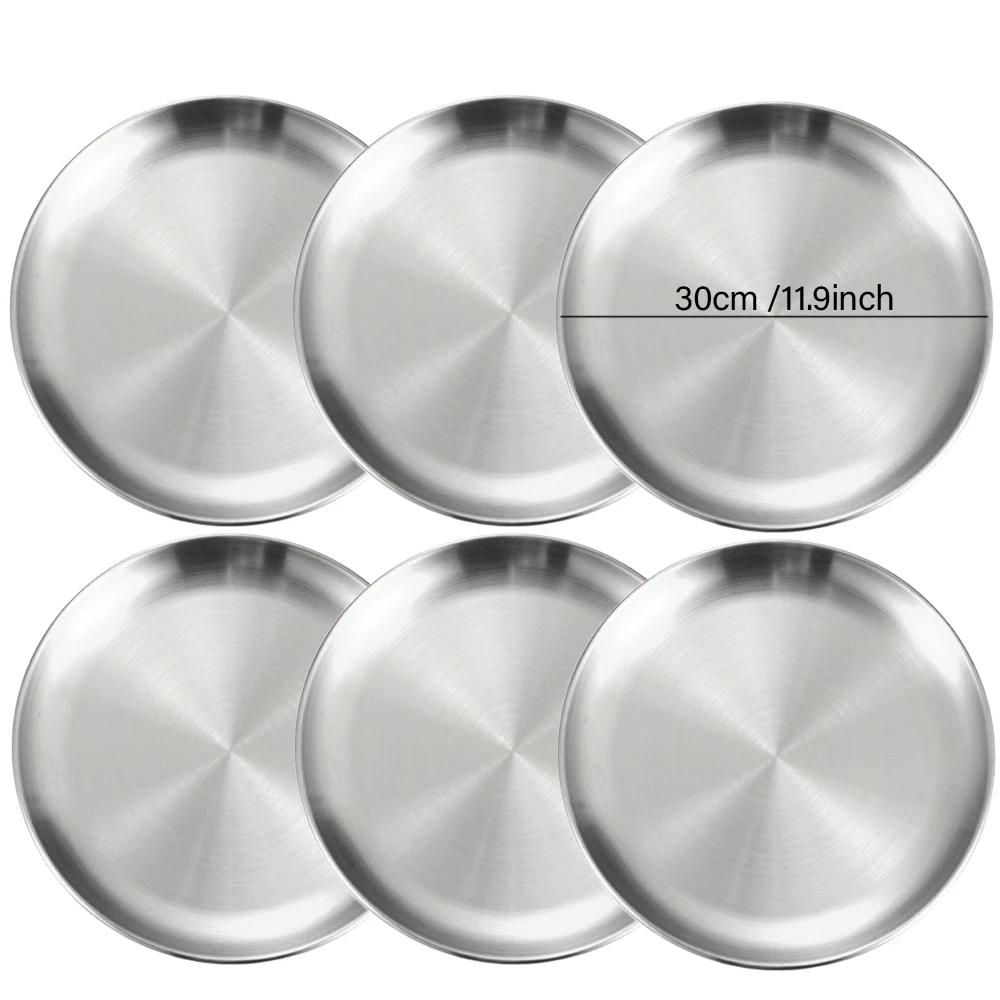 6Pcs Stainless Steel Metal Round Dining Disc Bone Spitting Dish High Quality Shallow Tray Silver BBQ Disc Kitchen Plate