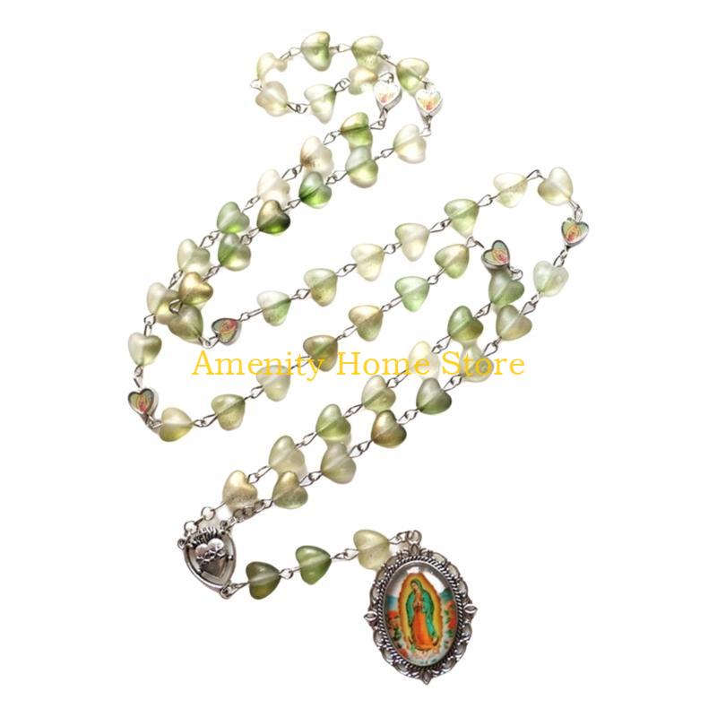 F26C Vintage Hollowed Out Rose Heart Beads Rosary Necklace Christian Prayer Fashion Jewelry Accessories for Stylish Women Men