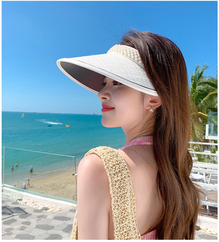 Sun visor for ladies sun UV UV wide 8433 [LeafIn] women, visor, hat, pearl, protection, protection, protection, brim, summer, cute, (A-White)