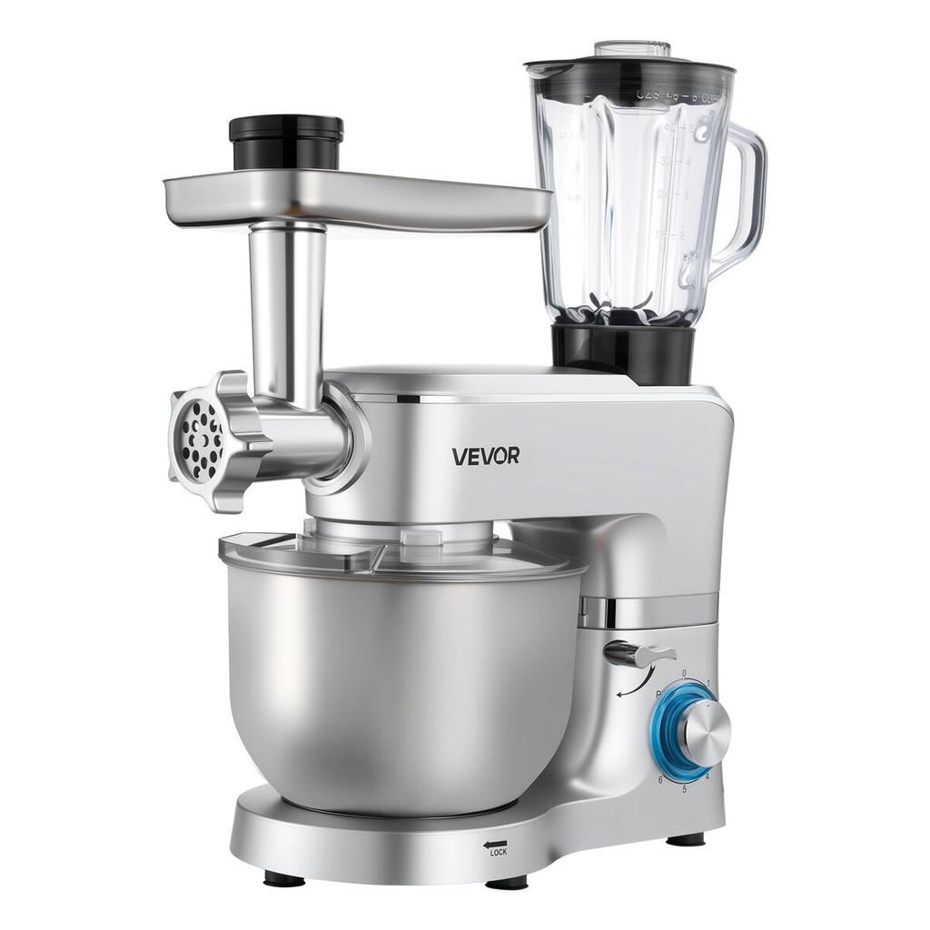 Küchenmaschine, 6 L Elektrische Küchenmaschine, 1500W Teigkneter, 6+P Geschwindigkeiten Kippkopf-Küchenmixer mit 1,5 L Mixbecher, Edelstahlschüssel, Knethaken,