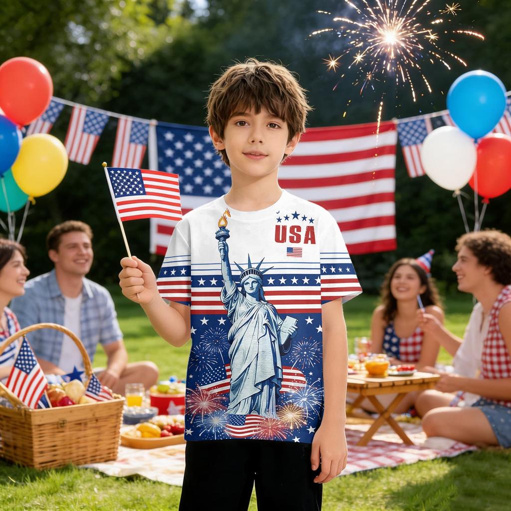 Kids Independence Day Print Round Neck Short Sleeve Casual T-shirt