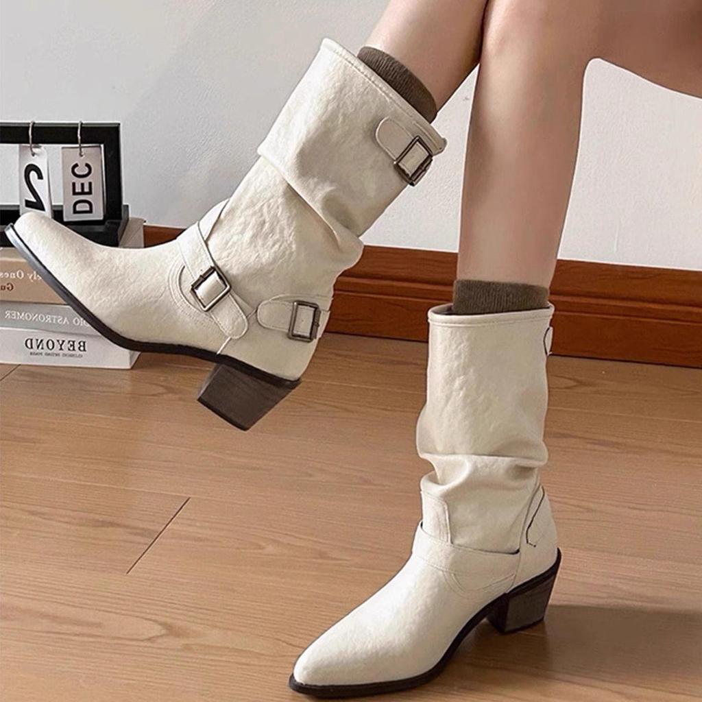 White Chunky Heel Martin Boots - Women's Mid-Calf, Pointed Toe, Soft Leather, Autumn/Winter European & American Style Ankle Boots