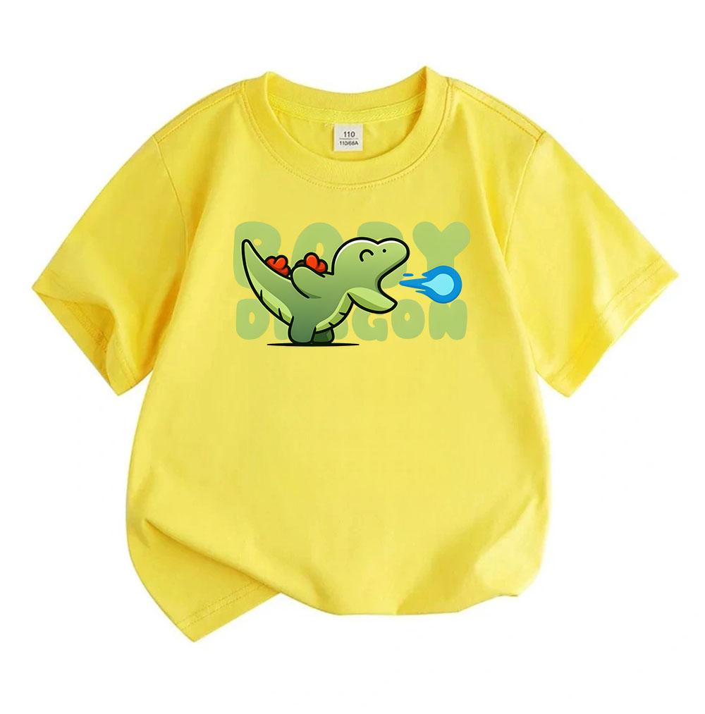 Kids Boys Girls 100% Cotton Short Sleeve O-Neck T-Shirt, Cute Baby Cartoon Little Dragon Print Casual Soft Breathable Summer Tees Tops for Little Chil