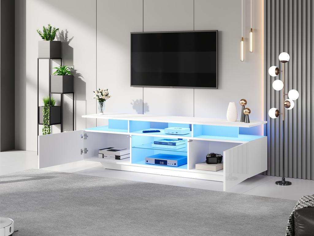160*40*45cm TV Stand with 2 Cabinets, High-Gloss TV Cabinet with LED Light Strip, Modern TV Entertainment Center with 8 Shelves, MDF, 70-Inch TV