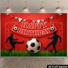 2D, birthday party background fabric with football theme, football players kicking the ball, center featuring classic football.