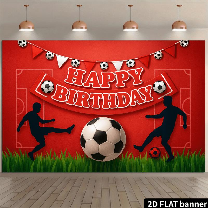 2D, birthday party background fabric with football theme, football players kicking the ball, center featuring classic football.