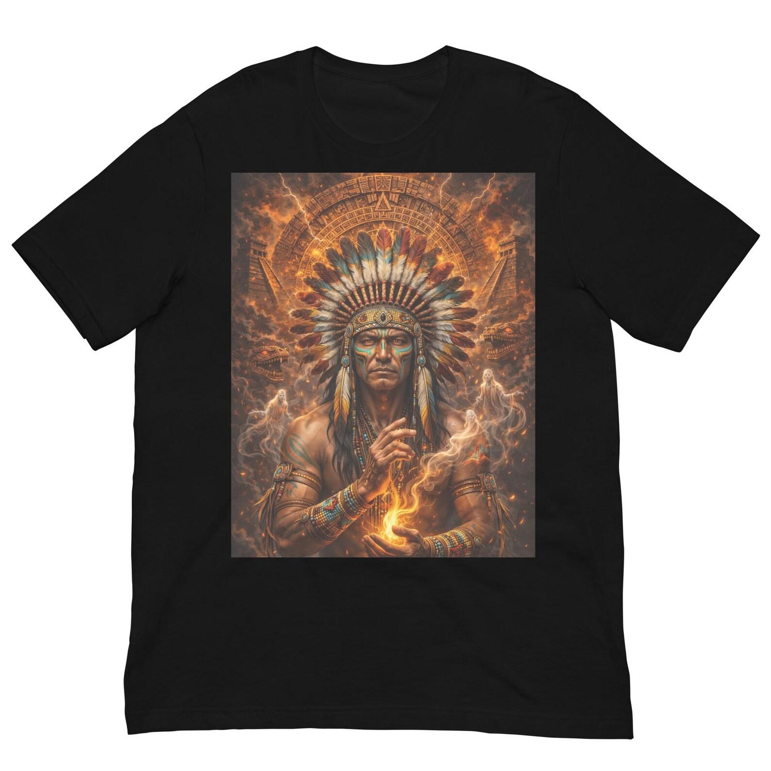 Aztec Fire Shaman Shirt, Tribal Spirit Guardian Tee, Ancient Mesoamerican Mystic Design, Indigenous Warrior Graphic T-Shirt S