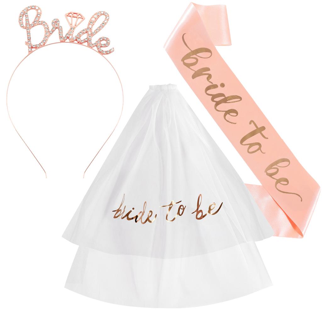 Bridal Party Set Of 3 Accessories Bride Sash With Tiara And Veil For Bachelorette Wedding Shower Decorations