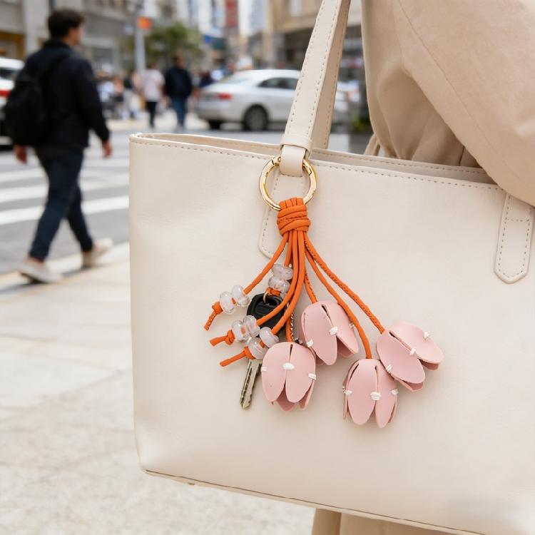 Artistic Tulips Themed Key Accessory Crafted From Leather With Elegant Bead Embellishment