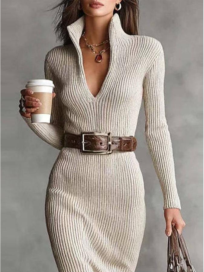 

European & American Autumn/Winter Slim-Fit Knit Dress: Belted Waist, Mid-Length, Below-Knee, Hip-Hugging Style L