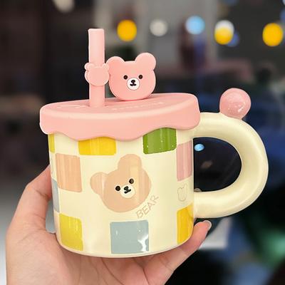 Cute Cartoon Bear Ceramic Mug with Lid Creative Design Straw Cup Home Drinking Cup Souvenir