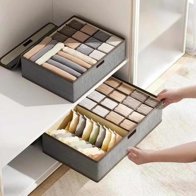 Underwear Storage Box Cotton And Linen Six-compartment Compartment With Lid Underwear Box With Compartments Drawer Style