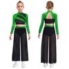 Kids Girls Dance Costume Two-Piece Set Mock Neck Long-Sleeved Sequins Cutout Back Press Button Crop Top with Flowing Chiffon Overlay Wide-Leg Side Sli