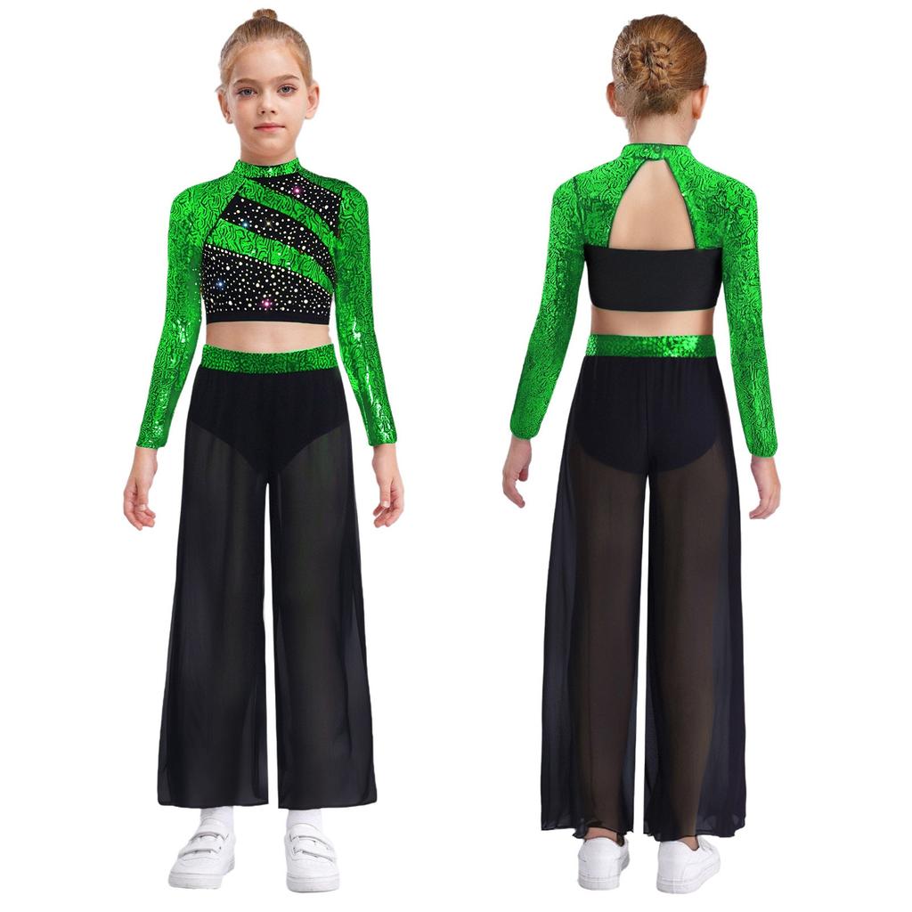Kids Girls Dance Costume Two-Piece Set Mock Neck Long-Sleeved Sequins Cutout Back Press Button Crop Top with Flowing Chiffon Overlay Wide-Leg Side Sli