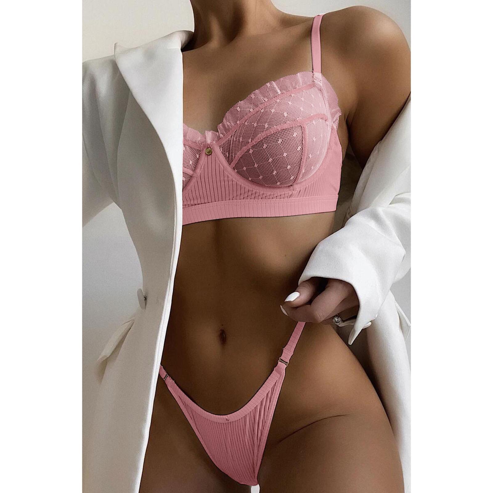 

Сетчатое кружевное белье с рюшами, комплект женского нижнего белья из 2 предметов, прозрачное сексуальное женское белье, бесшовный бюстгальтер S розовый