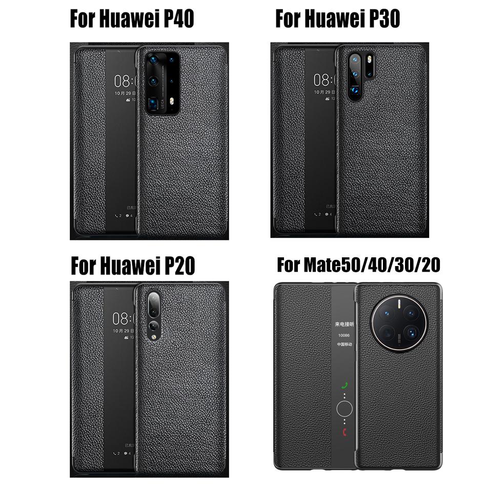Oryginalne skórzane etui z klapką do Huawei P60 P50 P40 Pro P30 P20 Mate 50 40 30 20 Pro RS Lustrzane Smart Touch View Obudź Uśpij