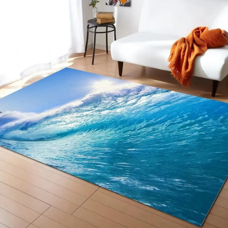 Alfombra Estampada de Olas Marinas para Decoración de Sala de Estar en Casa Felpudo Antideslizante para Dormitorio Mesita de Noche Alfombras para Área de Mesa de Café Felpudo para Baño