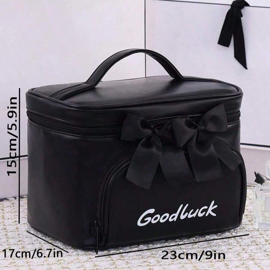 Large capacity cosmetics bag made of PU material handbag storage bag with zipper and bowknot decoration for wash bag