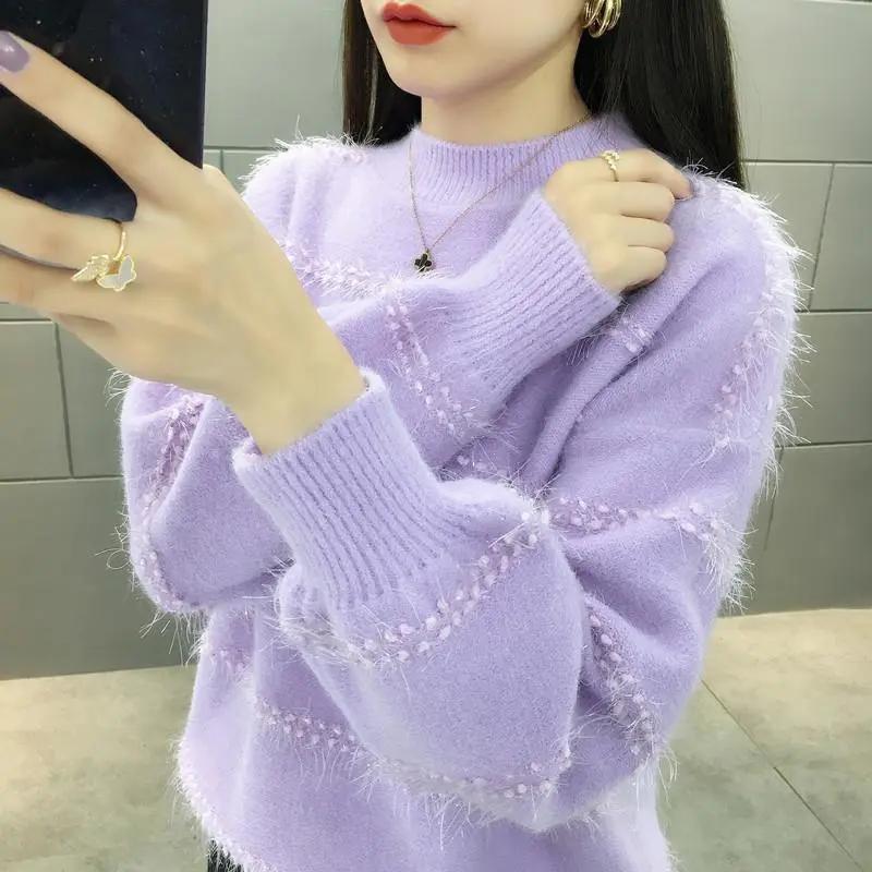 Women's Spring/Fall Loose-Fit Half-Turtleneck Knit Base Layer Sweater with Mink-Fleece Imitation Design