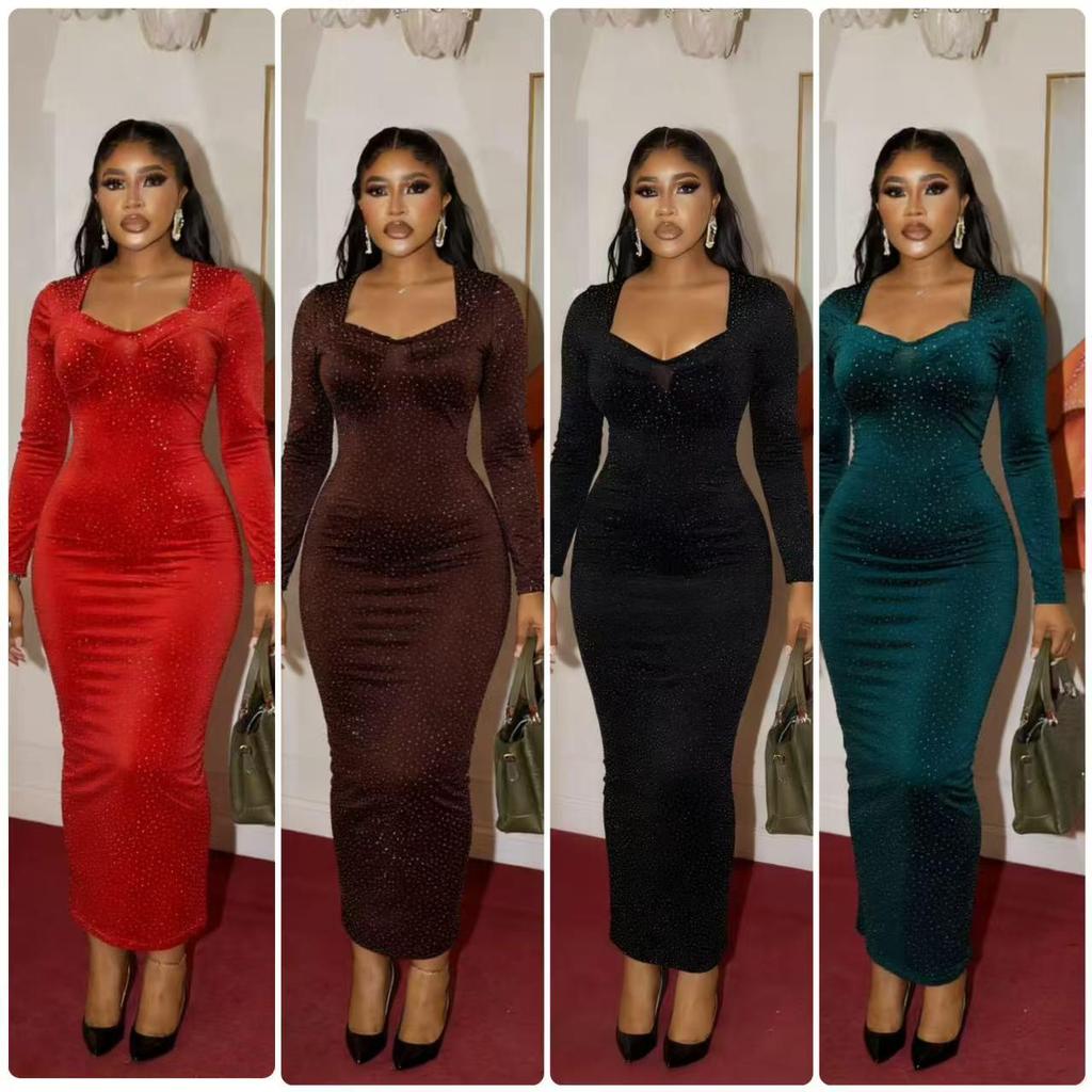 Rochie de seară M10268 Europeană de Lux cu Mânecă Lungă, Croială Slim Fit, cu Detaliu Strasuri Fierbinți