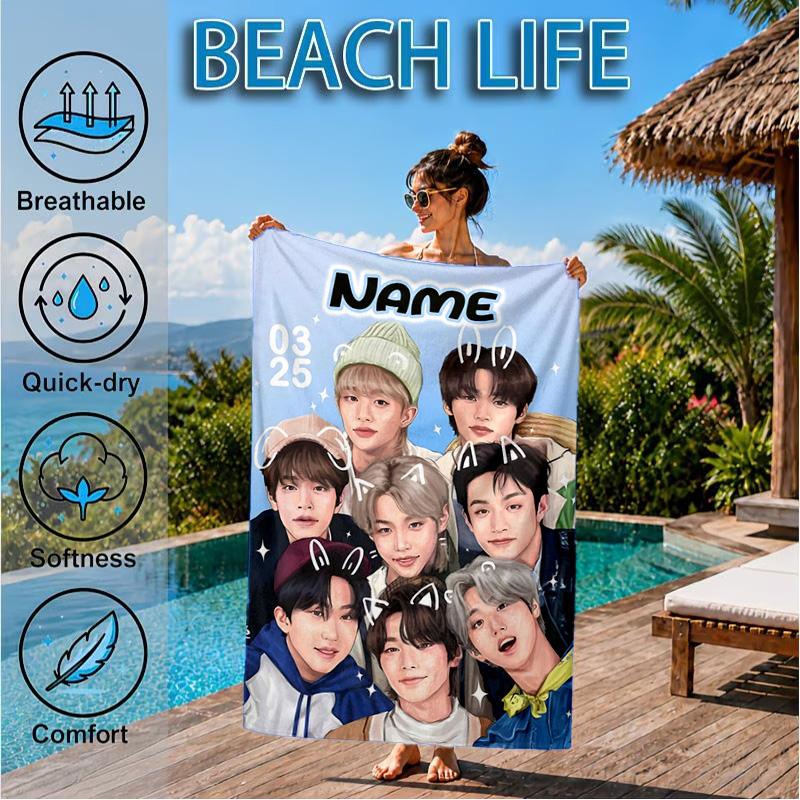 Custom Name K-pop stray Smile Beach Towel Microfiber Beach Towel, Lightweight and Quick-Dry, for Summer Travel, Swimming Pool Gift