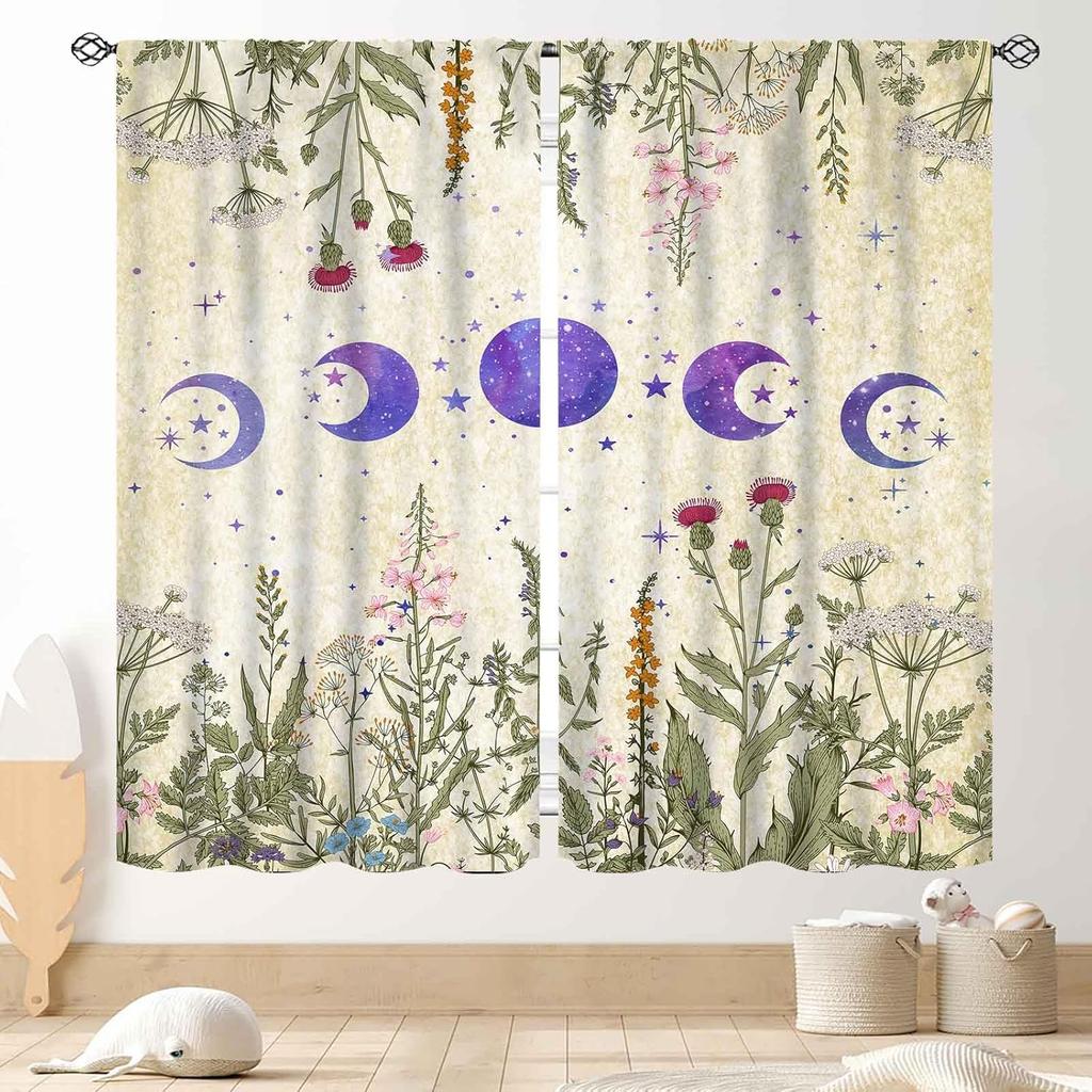 Wild Floral Moon Curtains, Boho Vintage Moon Phase Botanical Mid Century Moonlit Plants Aesthetic Spring Flower Blackout Window