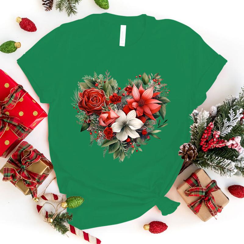 

Christmas Flower Love Printed T-Shirts For Women Summer Tee Shirt Femme Casual Short Sleeve Round Neck Tops T-Shirts 4XL