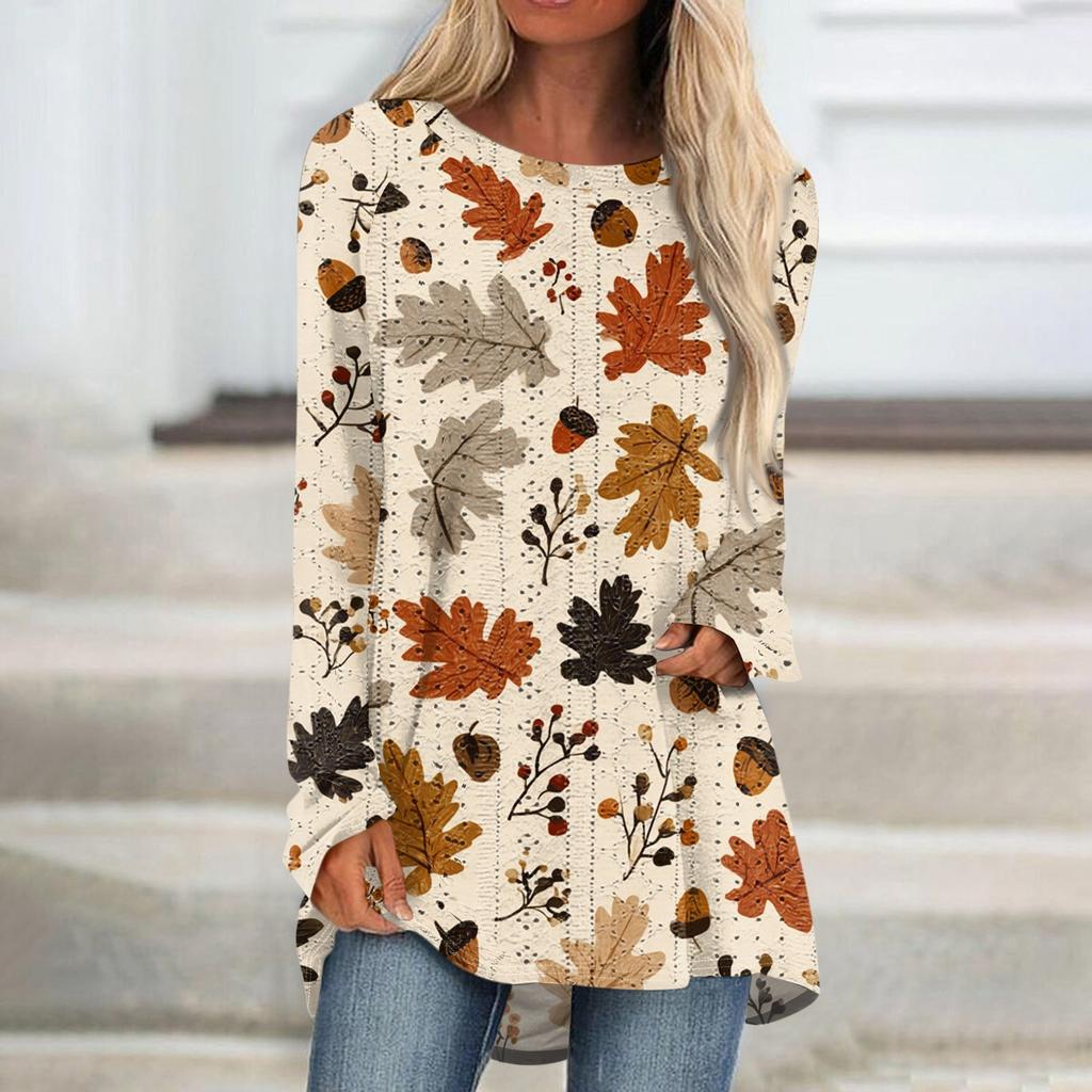 Womens Tops Round Neck Long Sleeve Blouses Casual Mid-length Shirts Fashion Print Tunic Tops