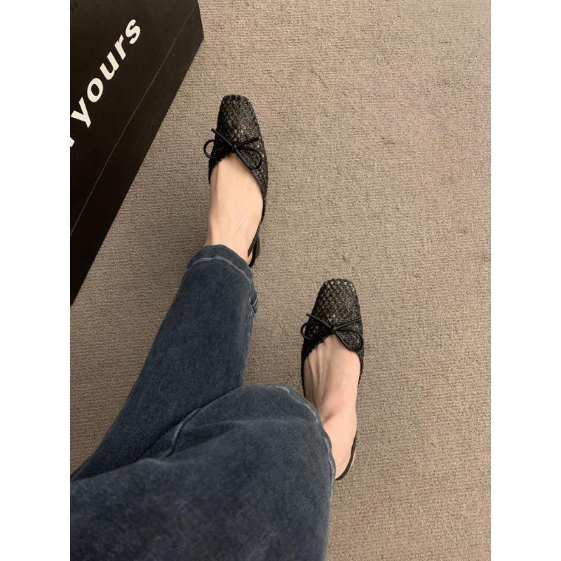 Retro thick heel niche woven bag head sandals women's shoes 2025 new summer black breathable square head single shoes