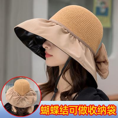 Vinyl Bow UV Protection Sun Hat Big Brim Show Face Small Sun Hat Women's Seaside Sun Protection Bucket Hat
