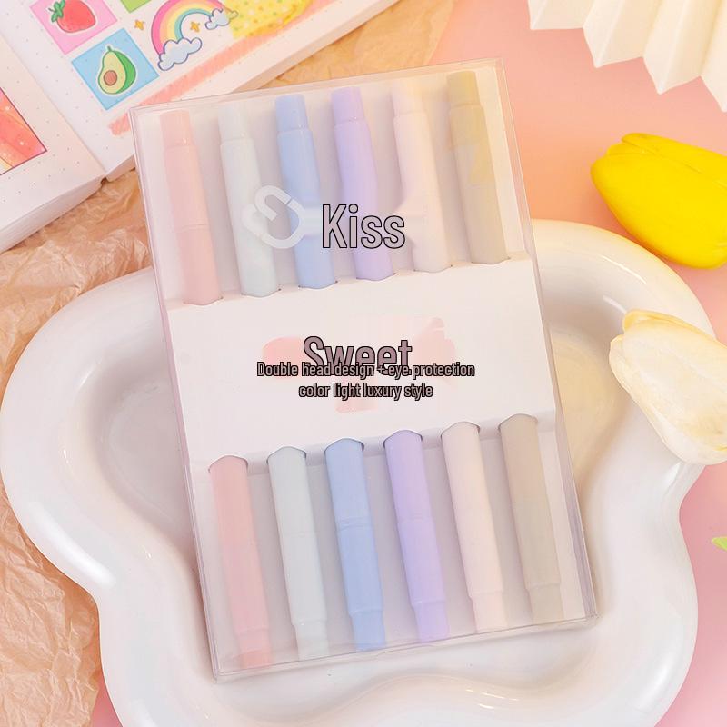 Morandi Double-Ended Highlighter Pen - Eye-Safe Macaron Colors for Students