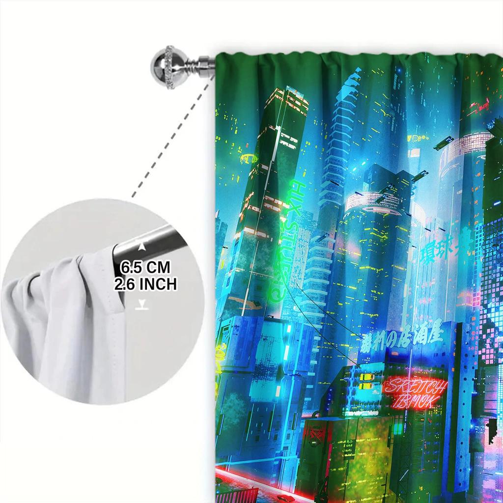 2-Panels Cyberpunk Style Technology City Curtains - Heat-insulating   Suitable for Decorating Curtains in Various Rooms