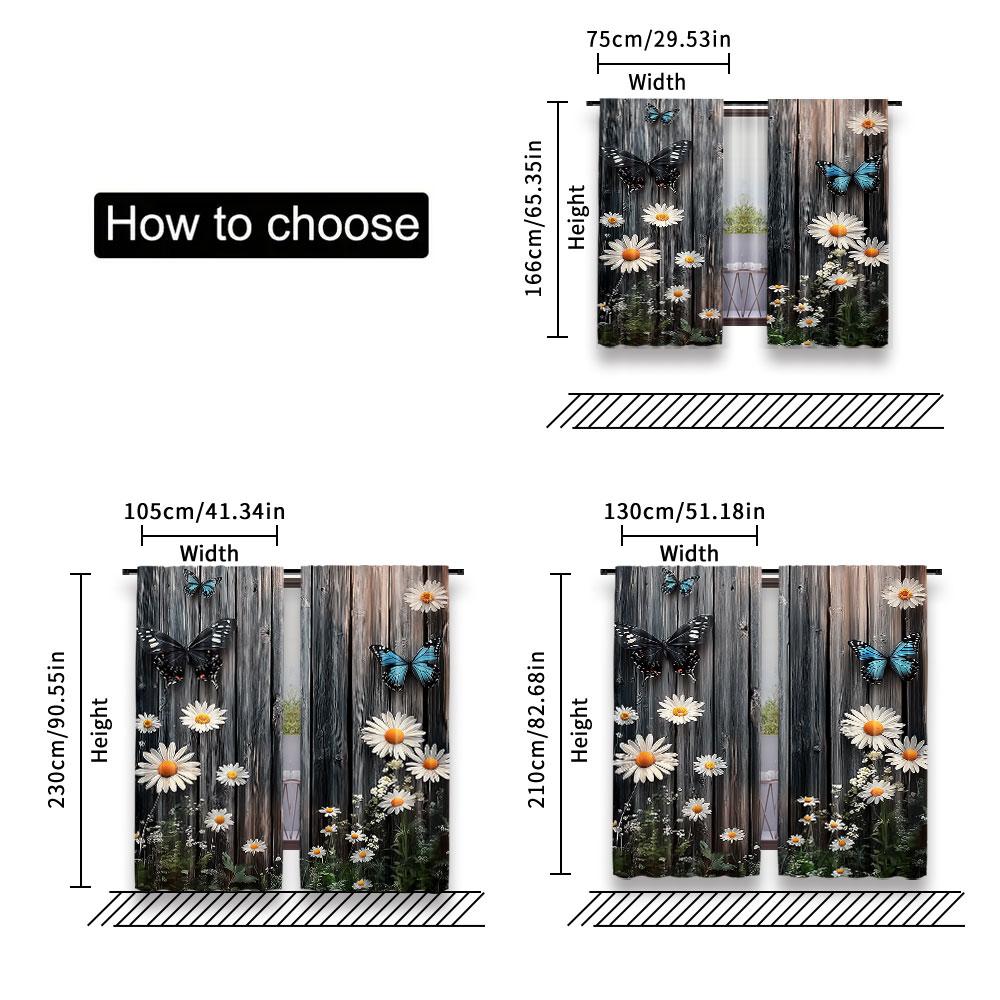 Set Of 2 Modern Floral Butterfly Wooden Board Pattern Curtains Suitable Bedroom Bathroom Living Room Dining Study Curtain For Sitting Made Polyester