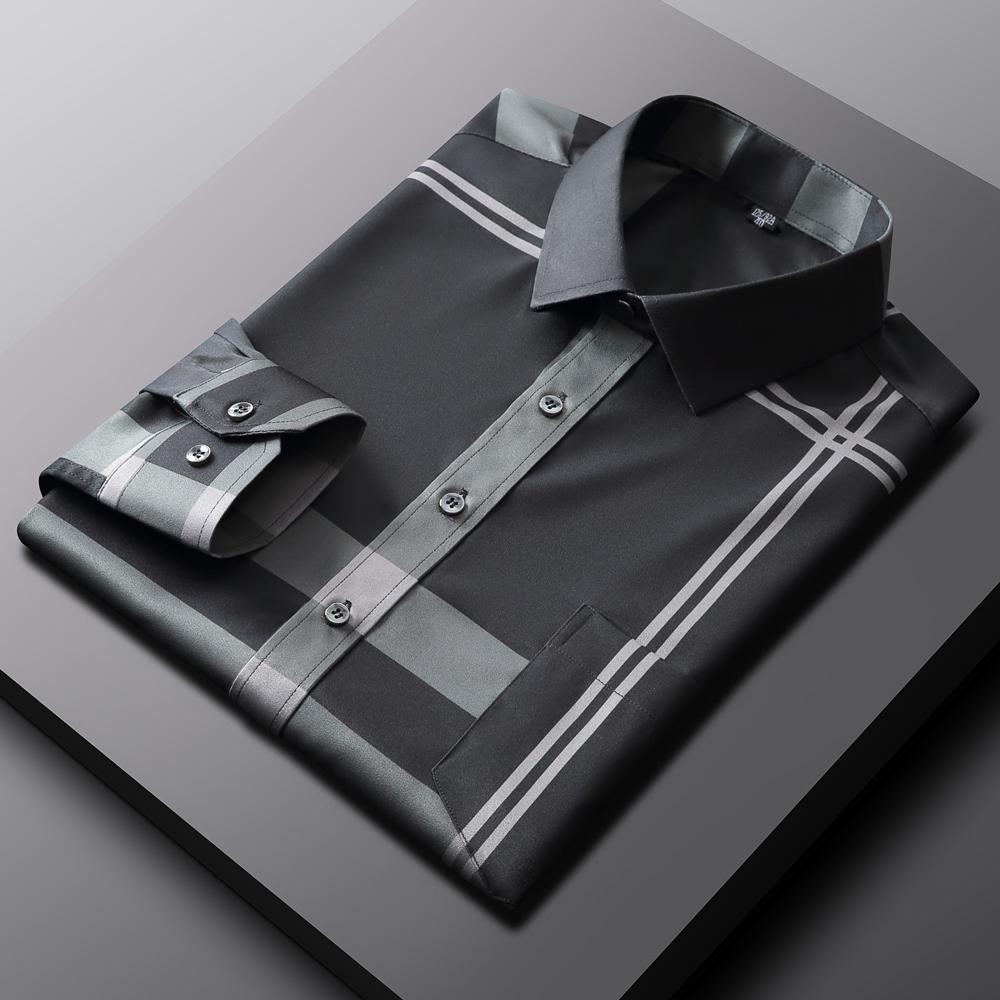 Old Money Style Sleek Stretch Wrinkle-Free Clothes for Man Long Sleeve Striped Printed Lightweight Dress Shirt with Pocket