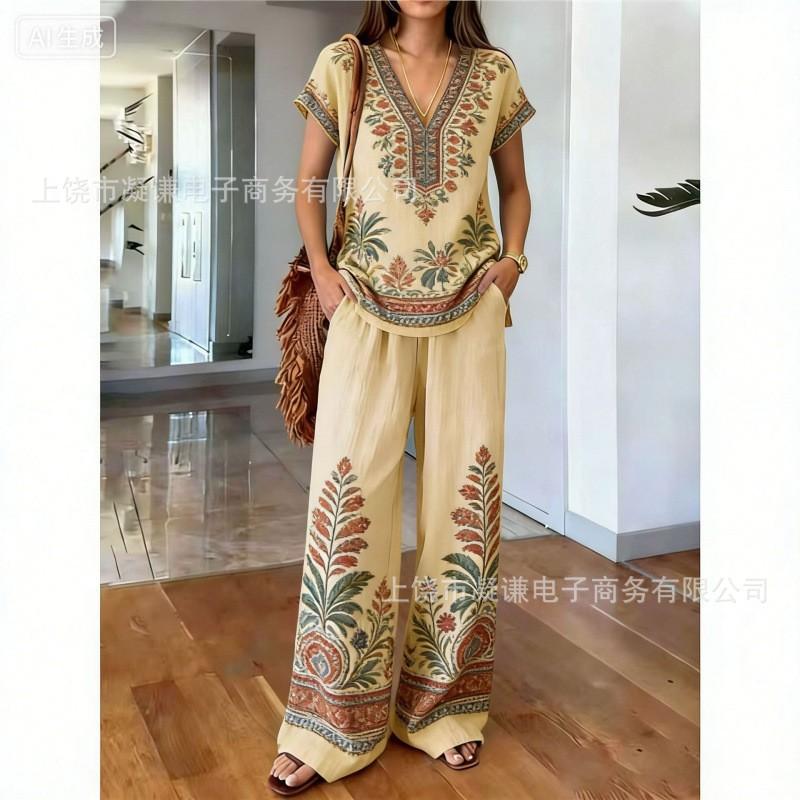 Y116 Summer Loose Top Wide-leg Pants Two-piece Women's Clothing European and American Fashion Suit
