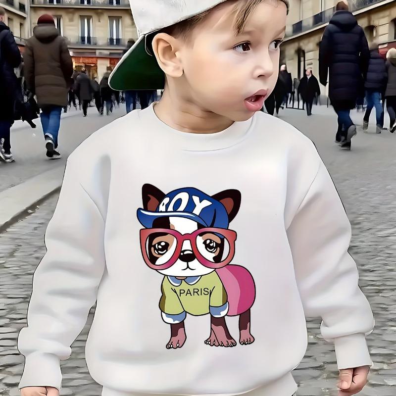 Kids Crewneck Long Sleeve Sweatshirt, Cute Cartoon Bulldog Puppy Print