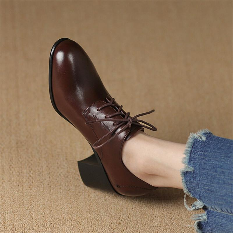 Fashion New Spring Genuine Leather Women Shoes Round Toe Women Pumps Shoes for Women High Heel Chunky Heel Shoes Zapatos Mujer Loafers