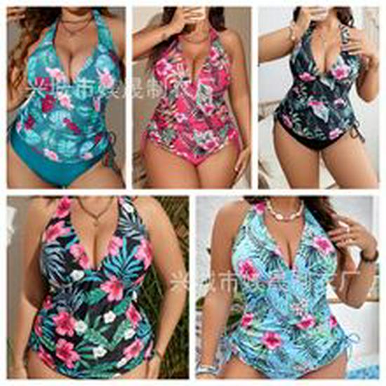 European & American 2024 Plus Size Printed Halter Backless Ruched Bikini for Women