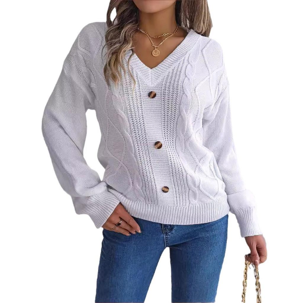 Women Knit Sweater V Neck Button Dough Sleeve Pullover Jumpers Winter Solid Color Knitwear Tops