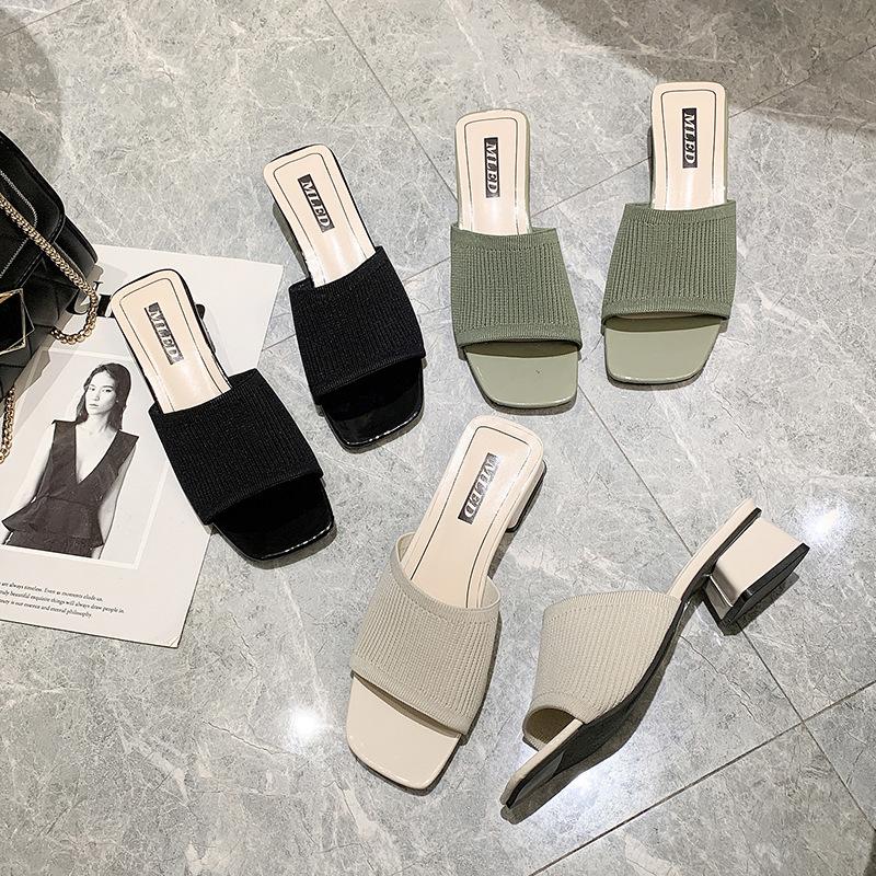 Fashion Comemore Fashion Knitted Stretch Open Toe Thick Heel Sandals Outdoor Casual Comfortable Elegant Women's Shoes Slippers Summer 40