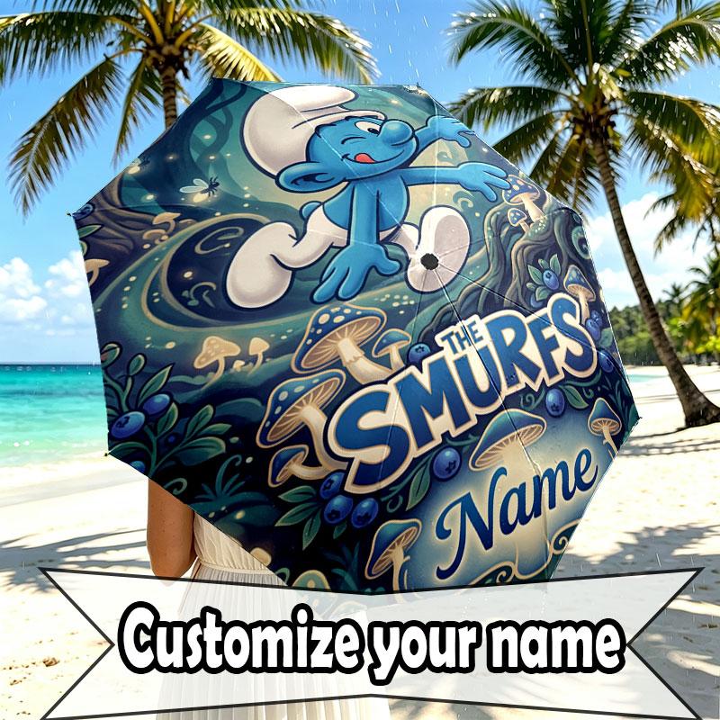Custom Name Personalized The Smurfs Print Umbrella, Auto Open Close, 8‑Rib Sturdy Frame, Commute Camping Hiking Use, Birthday Gift