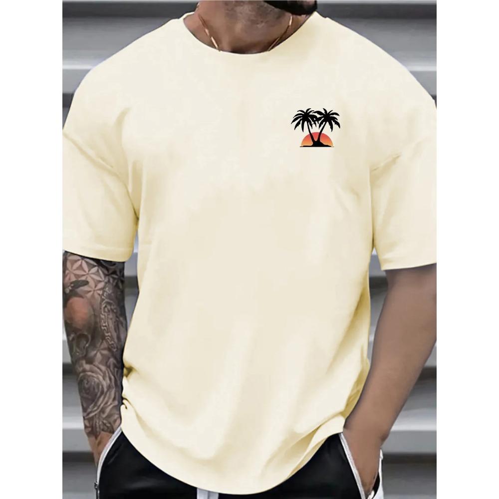 Men's Summer Cotton Fashionable Casual Loose Sports Coconut Tree and Sunset Pattern Printed Round Neck Short Sleeved T-shirt