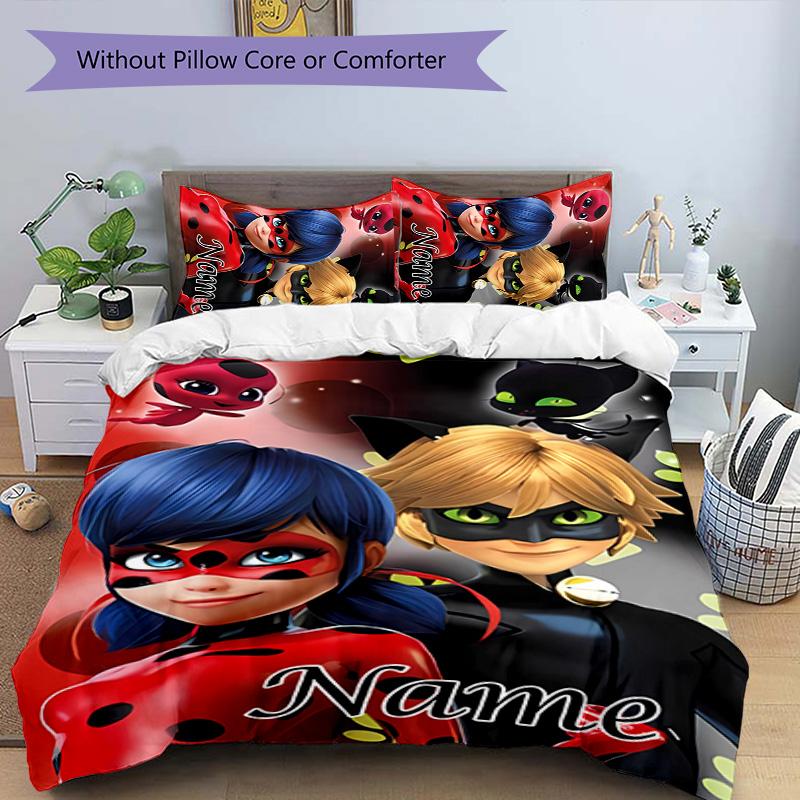 3pcs Ladybug4 Cover Set - Personalized Name, HD Printed Bedding with 1 Cover and 2 Pillowcases - Perfect for Home Decor, Easy Care