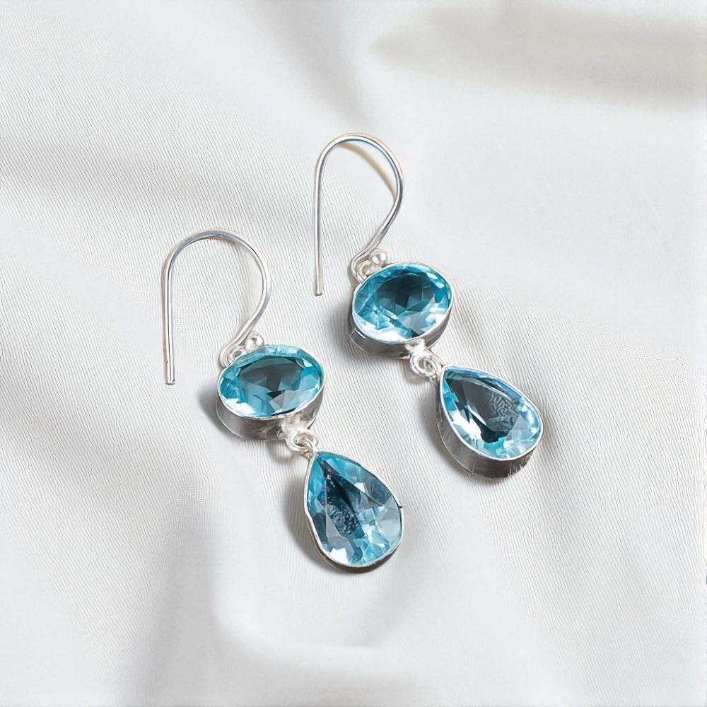 Seltener himmelblauer Topas Edelstein 925 Sterlingsilber Schmuck Handgefertigte Ohrringe 1,88" EE-73-8