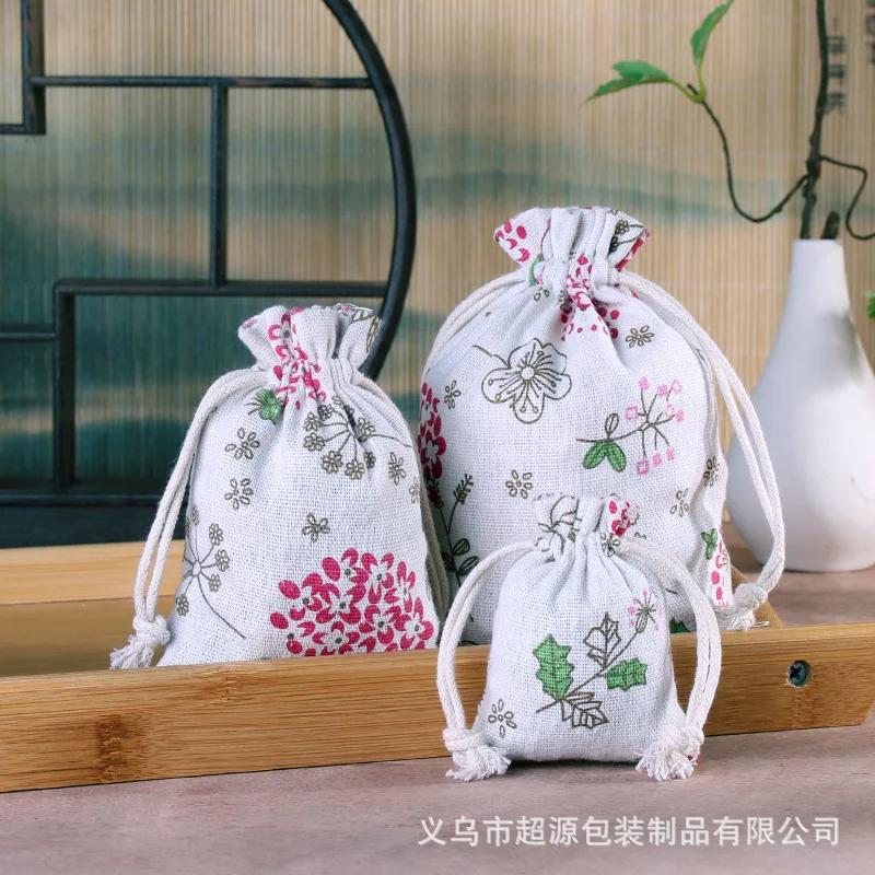 10pcs/lot Linen Drawstring pocket Cute Pattern Printed DIY wedding Candy Storage Bag Travel Makeup Cloth Shoes Sundries Storage