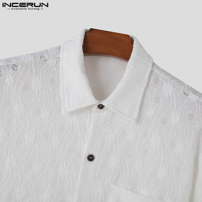 INCERUN Men Floral Short Sleeve See Through Tops Summer Lapel Neck Buttons Texture Shirts