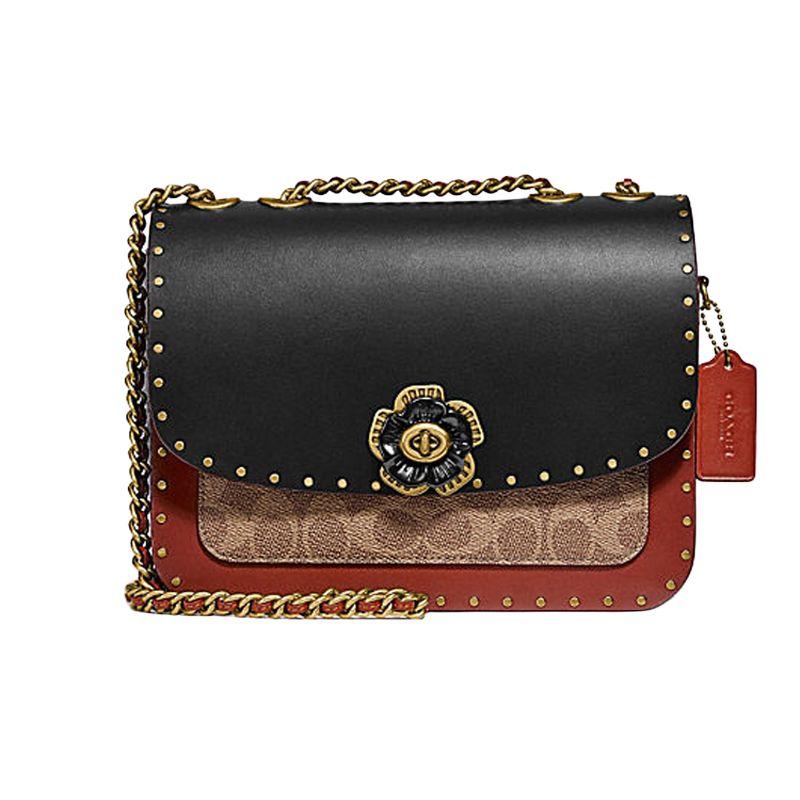 Coach Madison Camellia Studded Decor Small Calfskin Coated Canvas And Snake Leather Crossbody Bag Women Crossbody Bag Black Red 4679-B4NQ4